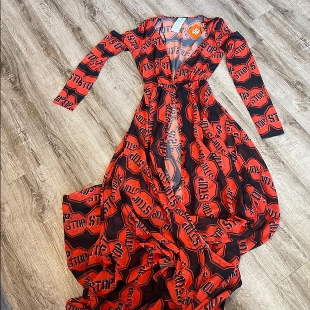 Red and black sheer stop sign dress